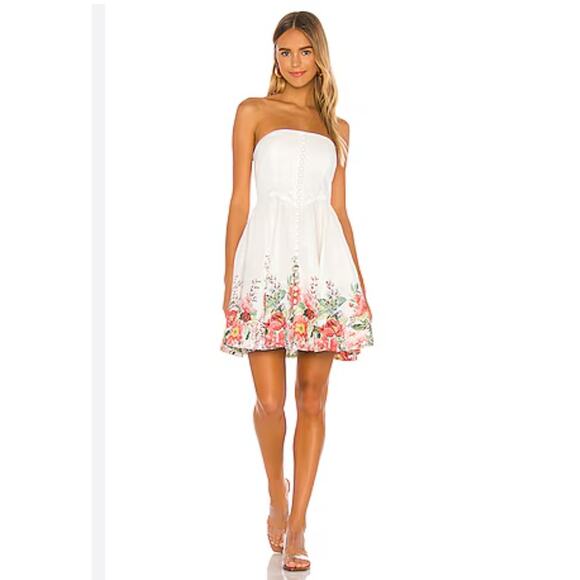 $695 Zimmermann Linen White Bellitude Strapless Shirred Floral-print Min… - Picture 1 of 16